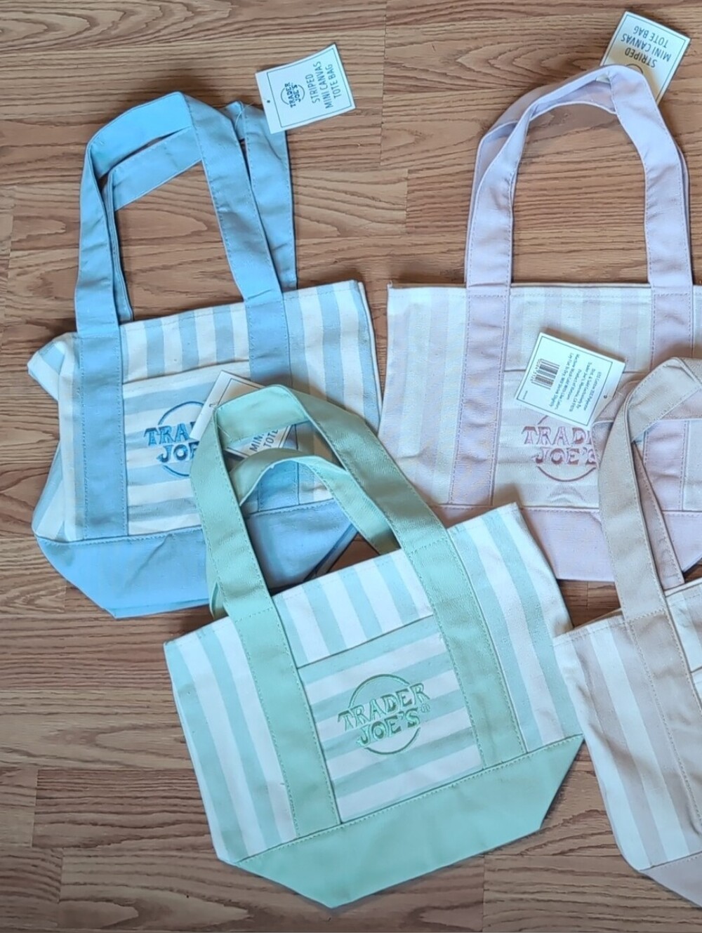 Trader Joe's Mini Canvas Pastel Stripe Tote Bag Set - Blue, Green, Pink, Cream
